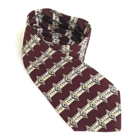 Vintage Pierre Cardin Silk Tie Wine Burgundy Red Taupe Cream Diamond Pattern - Picture 2 of 6